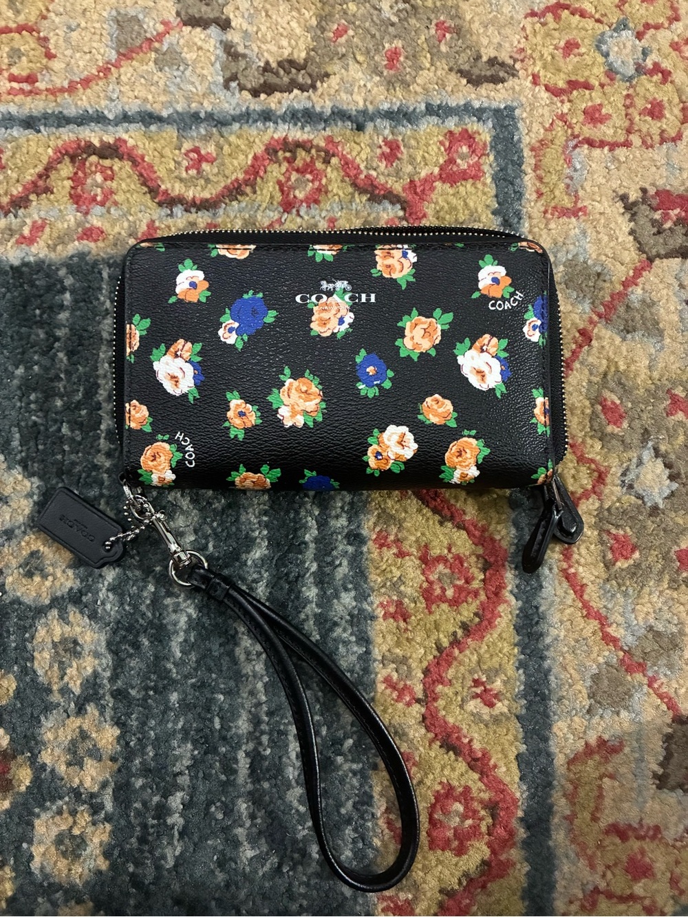 COACH Black Floral Zip Wristlet with Orange & Blue Roses